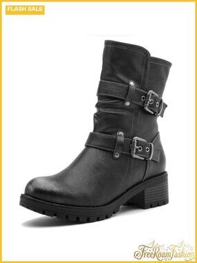 Faux Leather Motorcycle Ankle Boots Low Heel Biker Boots
